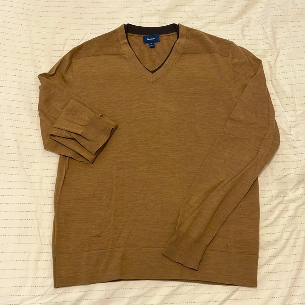 Faconnable v neck tan wool sweater, size M